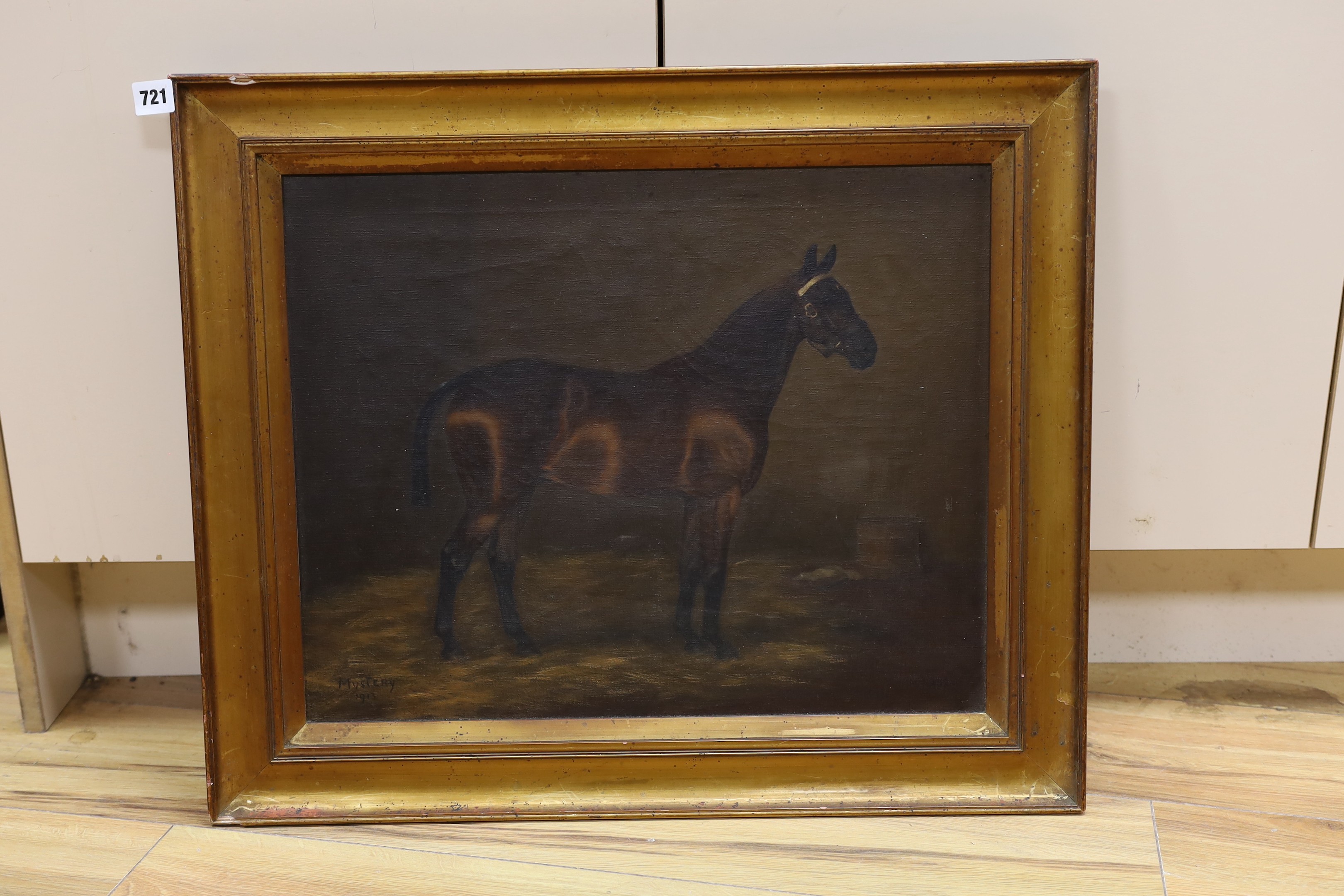 Manner of Frances Mabel Hollams, oil on canvas, Portrait of a horse 'Mystery' in a stable, signed and dated 1913, 40 x 50cm